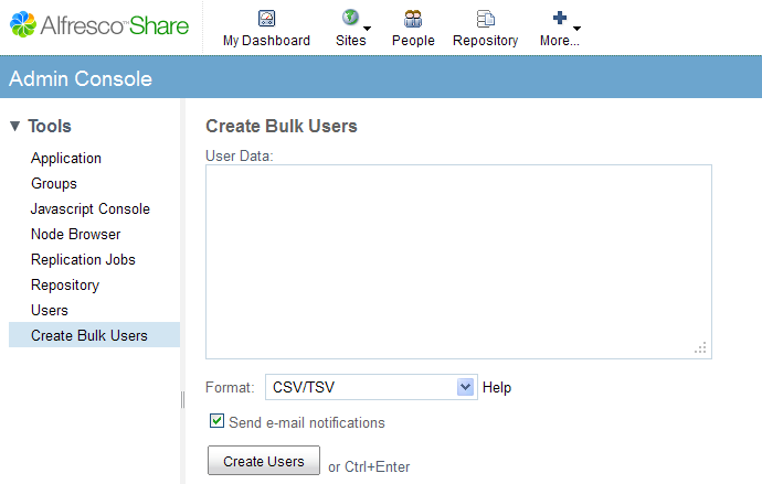 Create Bulk Users console