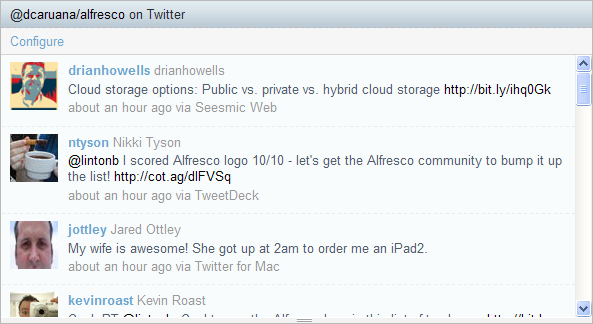 Twitter Feed Dashlet displaying a user's list